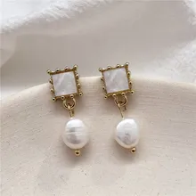 Модные небольшие натуральные женские серьги с жемчугом, серьги с геометрическим узором в квадратной оправе