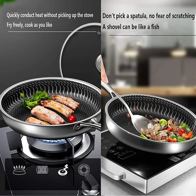 316 Stainless Steel Frying Pan Wok Non-stick Pan Double-side Honeycomb Without Oil Fried Steak Pot General Uncoated Pan Cookware 1