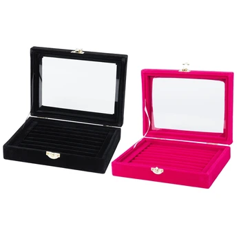 

2 Pcs Velvet Glass Ring Earring Jewelry Display Organizer Box Tray Holder Storage Case, Rose Red & Black