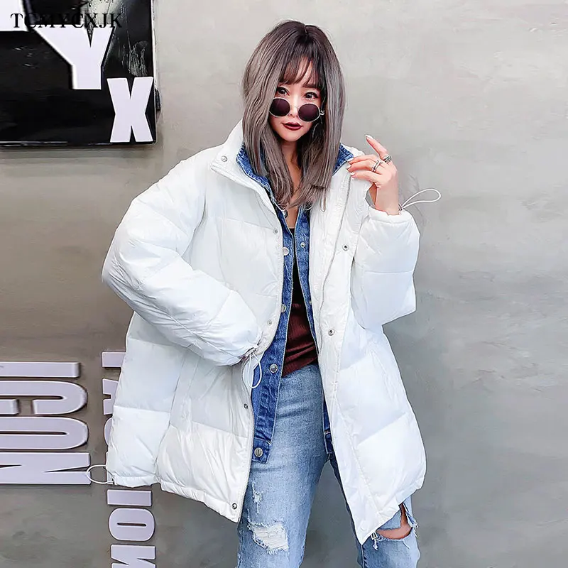 

2020 Winter New Korean version Of The College Style Fake Two-piece Thick Parka Jacket Female Loose Stitching Denim Bread Jackets