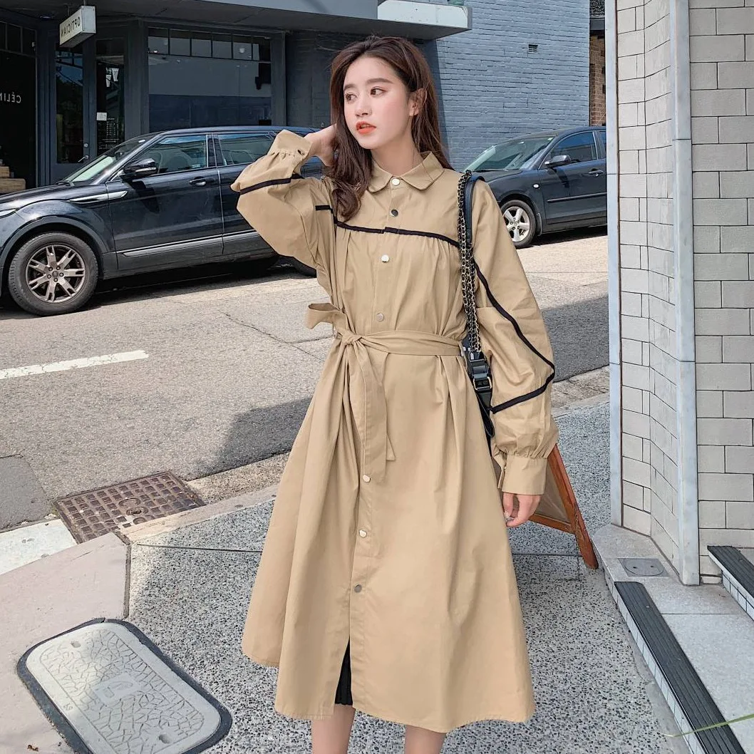 

Photo Shoot 2019 Early Autumn Contrast Color Webbing Fold-down Collar Single Breasted Waist Hugging Lace-up Dress Trench Coat Wo