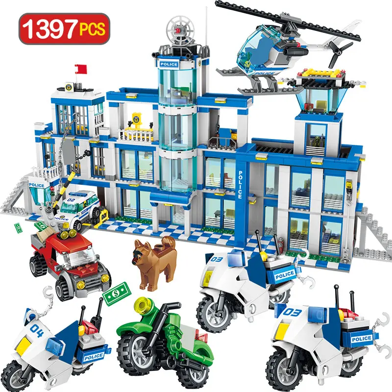 Najtaniej Miasto policji serii motocykl samochód helikopter Building Blocks kompatybilny legoinglys City Police Station DIY cegły zabawki