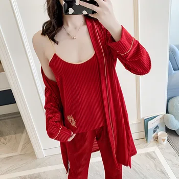 

3PCS Sleep Set Velour Casual Women Nightwear Pajamas Set Sexy Home Clothing Long Sleeve Kimono Bathrobe Gown Autumn Sleepwear