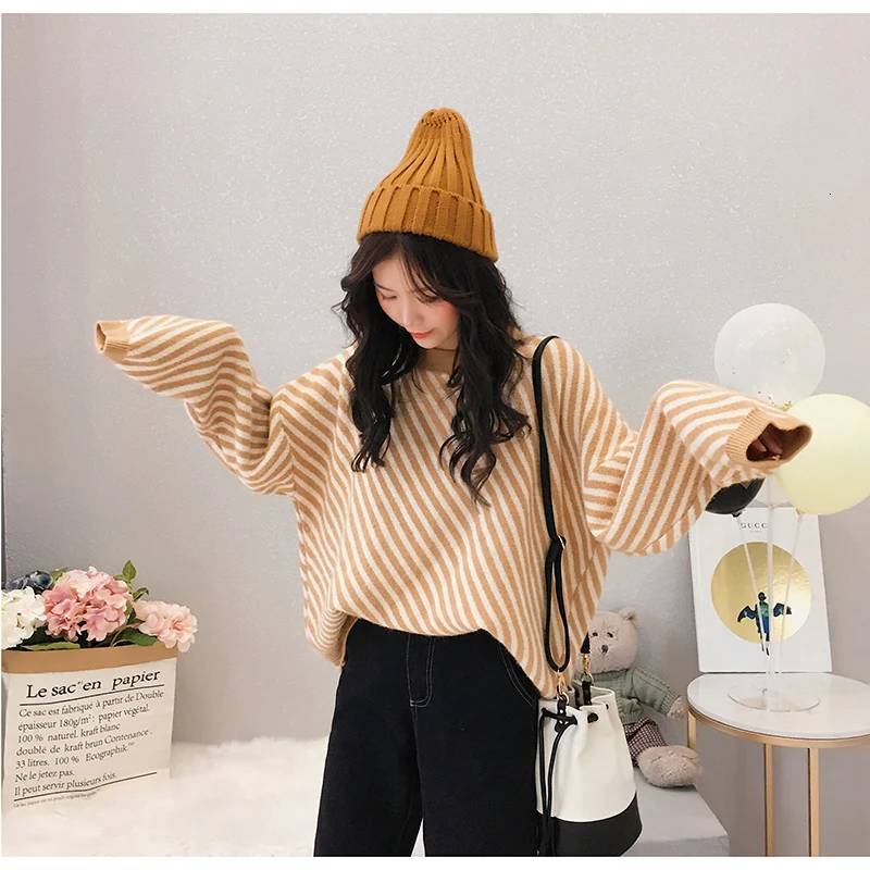 Женский синий свитер в полоску с круглым вырезом и длинным рукавом корейский