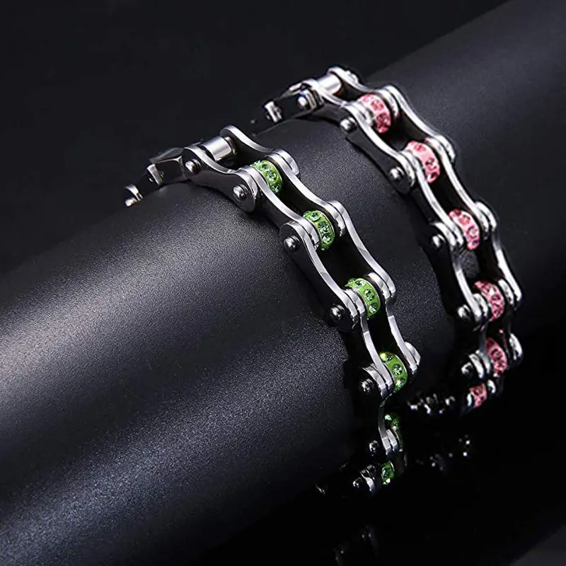 Горячая Распродажа, панковские браслеты-цепочки для женщин и мужчин, нержавеющая сталь, велосипедные звенья, стразы, цепочка на запястье, мото стальной браслет, Прямая поставка