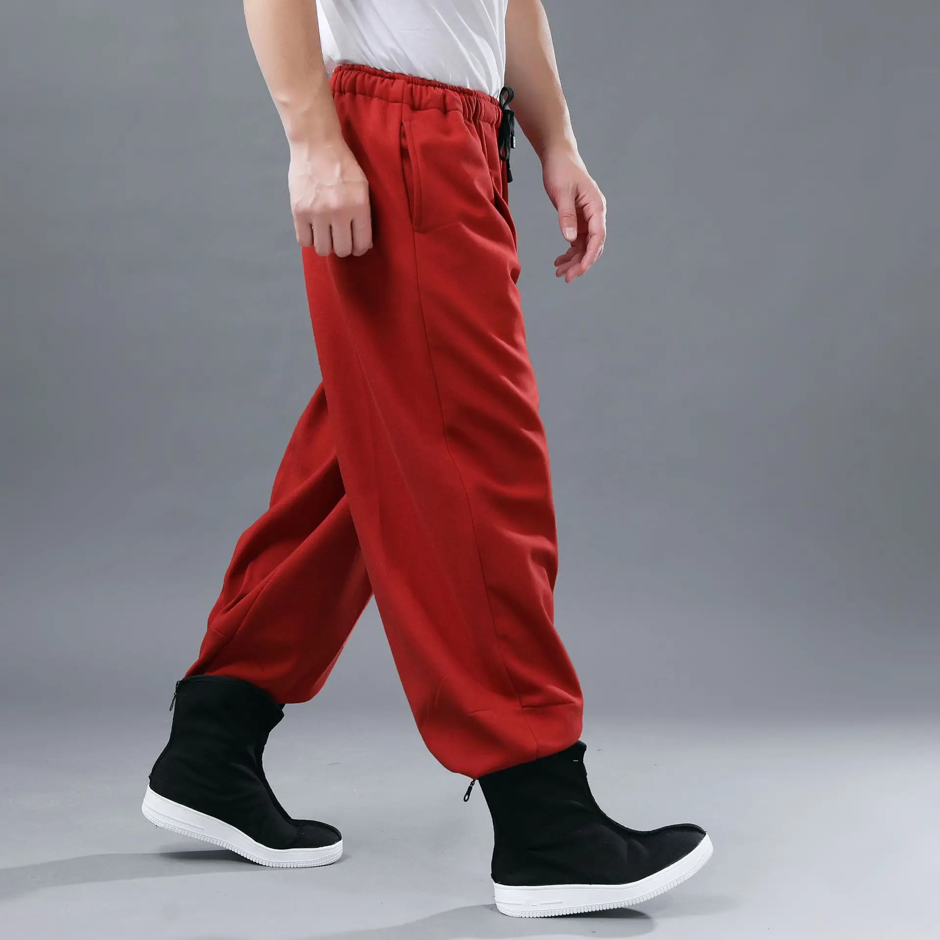 Winter New Style Machete Pants plus Velvet Flax MEN'S Casual Pants Leg Withdrawal Literature And Art-Style Solid Color Cott