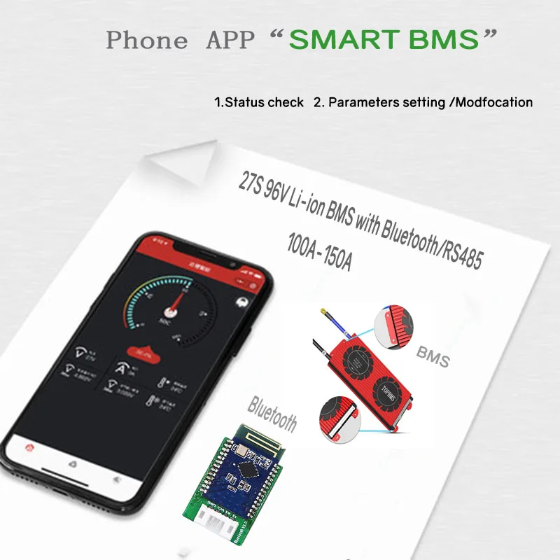 

27S 96V Li-ion BMS100A150A with Bluetooth phone APP RS485 CANbus UART GPS for Li-ion Batteries 3.6V3.7V connected in 27 series