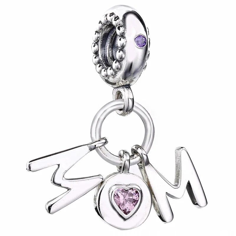

New 925 Sterling Silver Bead Charm Perfect Mum Love Heart With Pink Crystal Pendant Beads Fit Pandora Bracelet Diy Jewelry