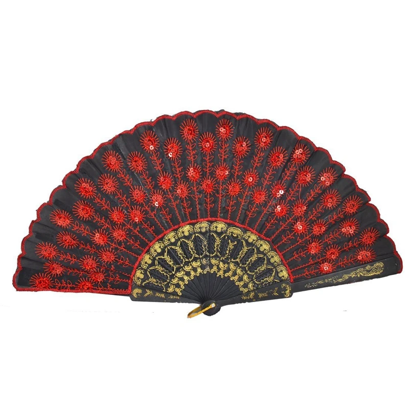 

SODIAL(R) Red Embroidered Flower Pattern Black Cloth Folding Hand Fan for Woman