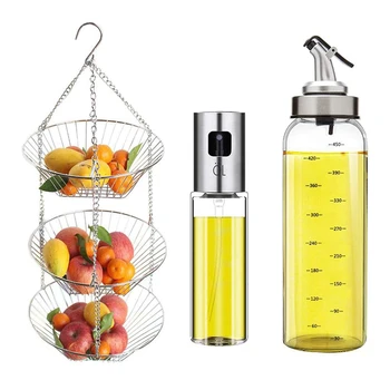 

1x Hanging Fruit Basket Iron Art 3-Layer Baskets & 2Pcs Oil Bottle Olive Oil Dispenser Oil Sprayer Set