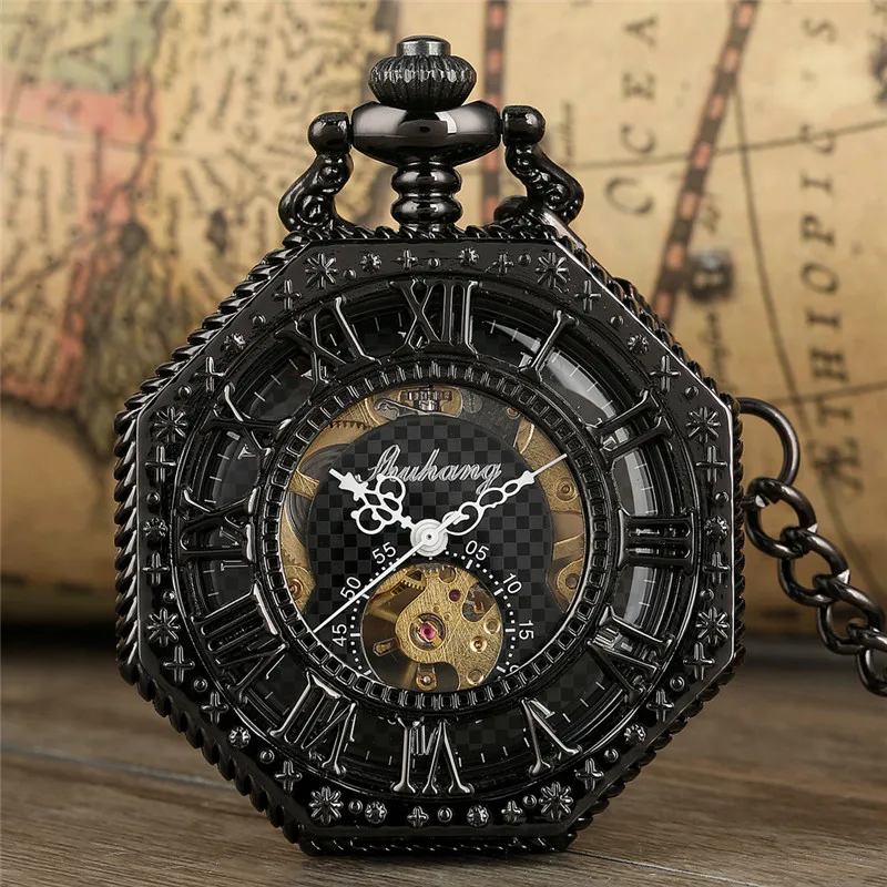 Retro Octagon Shape Clock Men Women Handwinding Mechanical Pocket Watch Skeleton Clock Roman Number Dial Pendant Chain Reloj