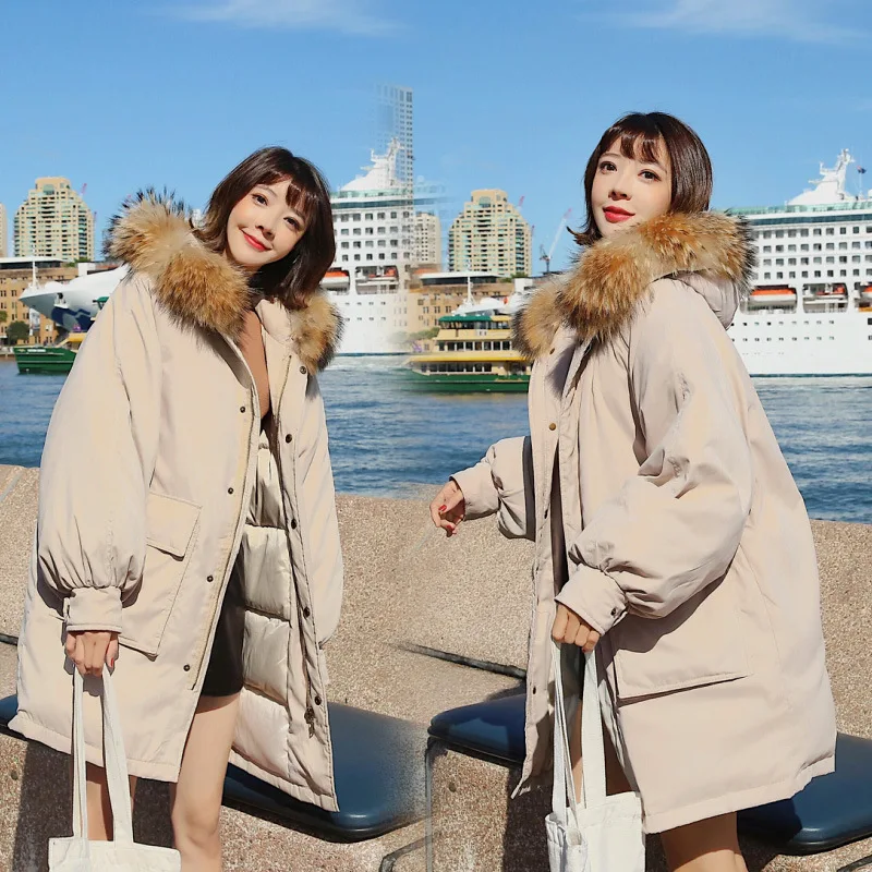

Photo Shoot Dongdaemun New Style Polyester Cotton Large Size Women's Thick Mid-length Large Fur Collar Cold Protective Clothing