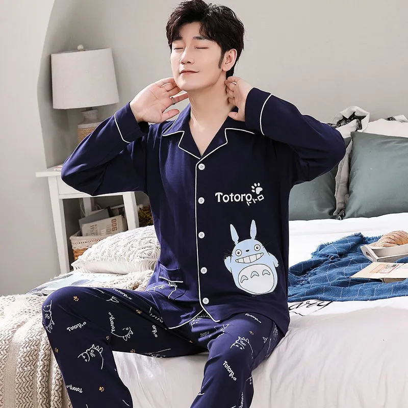 Casual Men Cartoon Sleepwear Long Sleeve Cotton Pajamas Sleep Set Plus SIze 3XL Homewear Spring New Male Pyjamas Pijamas Suit men's silk pajamas