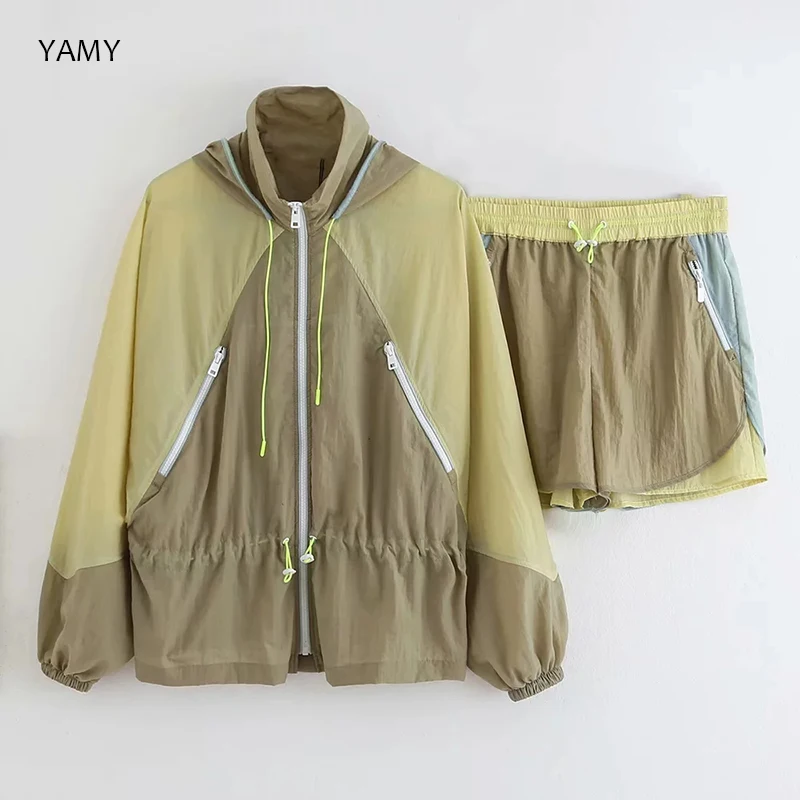 

Summer 2019 Womens Windbreaker+Short set long sleeved lightweight Jacket Coat patchwork Short yellow ZORA loose Windbreaker set