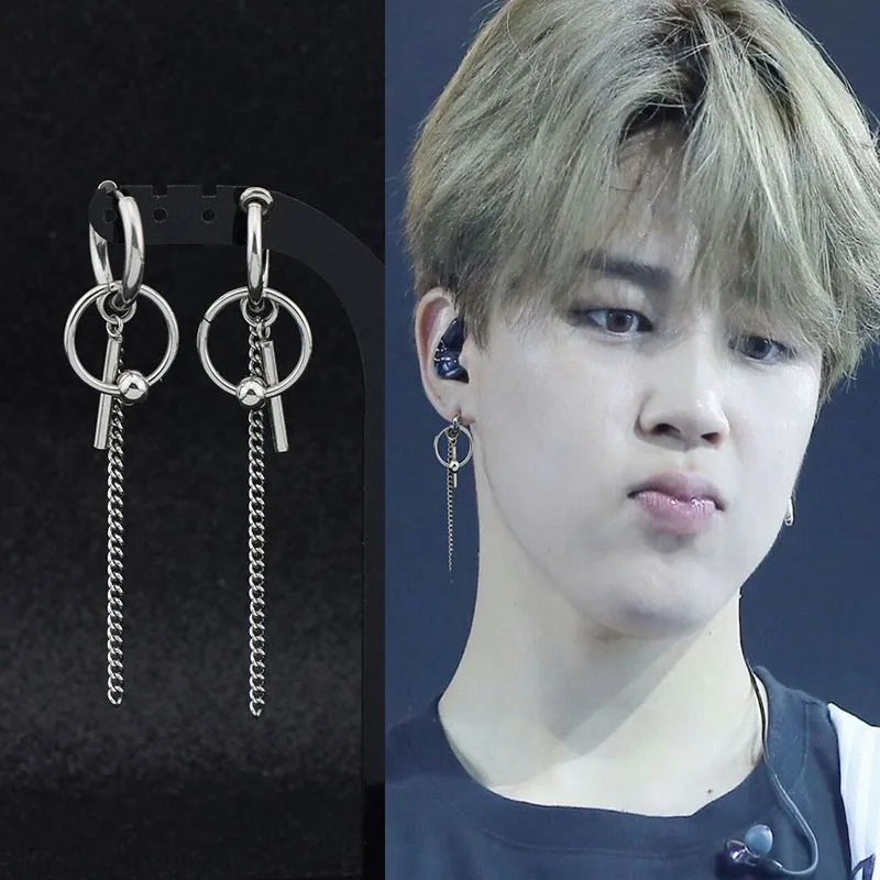 New Korea Boys KPOP Stainless Steel JiMin Earring Long Chain