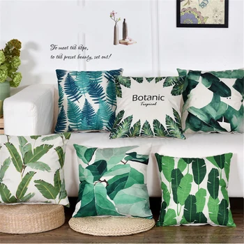 

45X45 CM Tropical Plants Palm Leaf Green Leaves Monstera Cushion Hibiscus Flower Cushion Decorative Beige Linen Pillow
