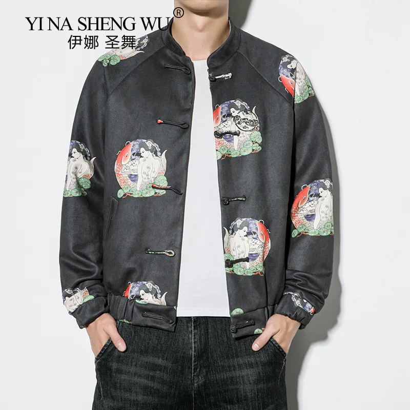 

Landscape Printed Men's Cotton Hemp Coil Buckle Chinese Style Jacket Autumn New Leisure Stand Collar Ethnic Han Style Jacket