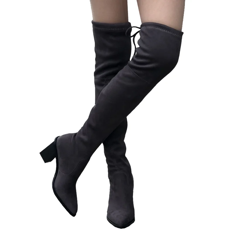 Eokkar/ г. Женские Сапоги выше колена эластичные высокие сапоги до бедра зимние женские сапоги с острым носком на высоком квадратном каблуке размер 34-43 - Цвет: Серый