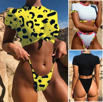

Knot crop top bikini 2019 Leopard swimwear women bathers Yellow brazilian swimsuit female T-shirt thong bikini sexy swimming new