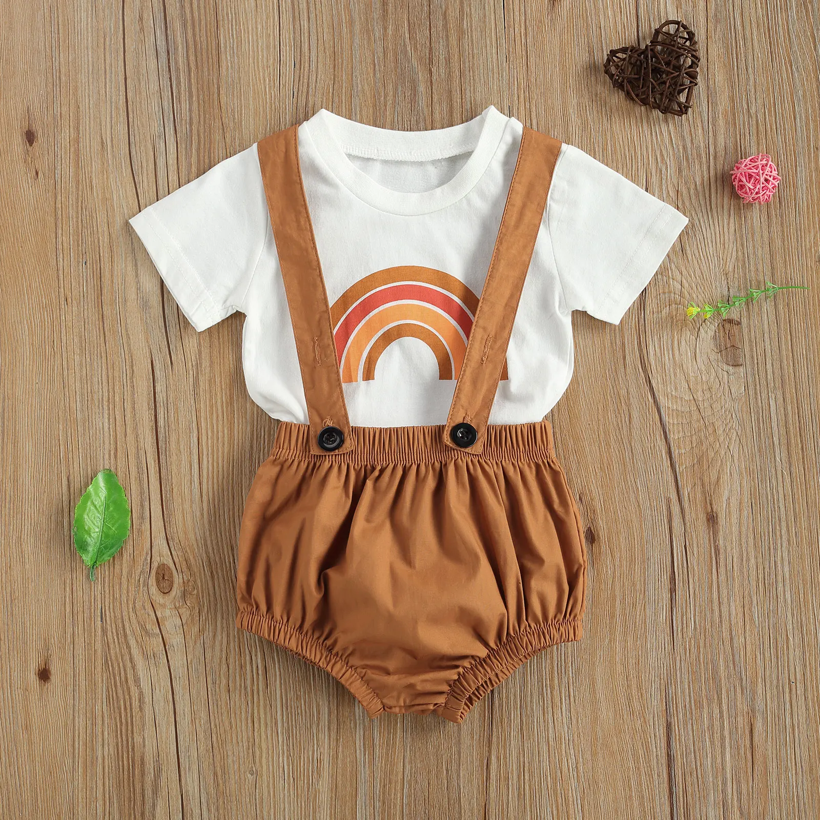 

Lovely Baby Girls Boys Clothes Sets Rainbow Print Short Sleeve T Shirts Overalls Shorts 0-24M