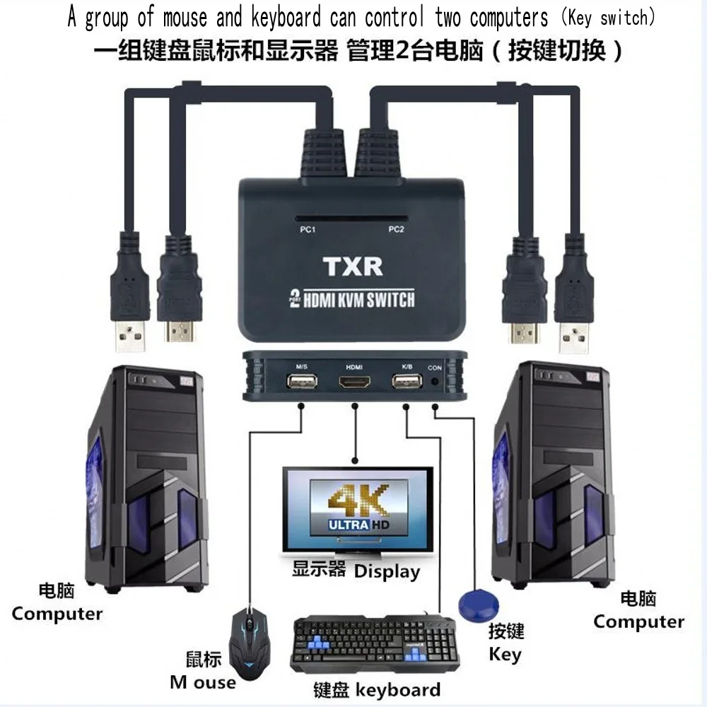 Коммутатор Dvi Kvm 2 порта Usb 0 в 1 с аудио видео кабелем для монитора клавиатуры мыши