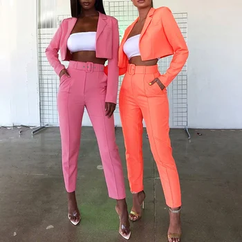 

2020 Women Fashion Autumn Two Piece Set Pink Orange Yellow Short Jacket And Pencil Pants Party Blazer Suits Streetwear