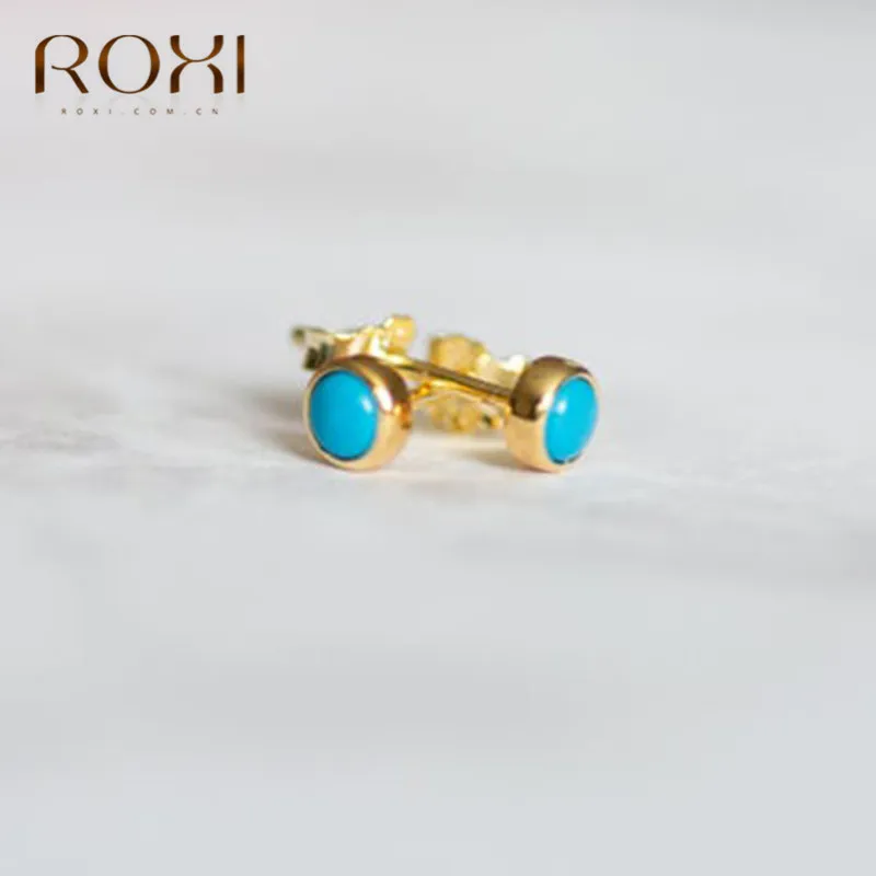 Золотой цвет ROXI, богемные, натуральная бирюза, серьги, 925 пробы, серебро, бирюзовый камень, маленькие серьги-гвоздики для женщин, ювелирные изделия, вечерние, подарки - Окраска металла: Золотой цвет