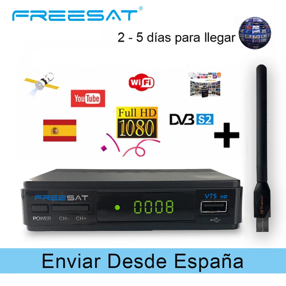 Freesat V7 HD DVB-S2 1080P спутниковый ТВ приемник+ USB wifi Anttena Испания Германия ТВ тюнер PK V8 супер+ 1 год Испания Европа Клайн - Цвет: FREESAT V7S HD