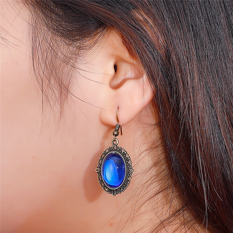 

1 Pair Retro Red Blue Gem Dangle Earrings For Women Female Oval Teardrop Drop Earrings Office Wear Jewelry Accessories Brincos