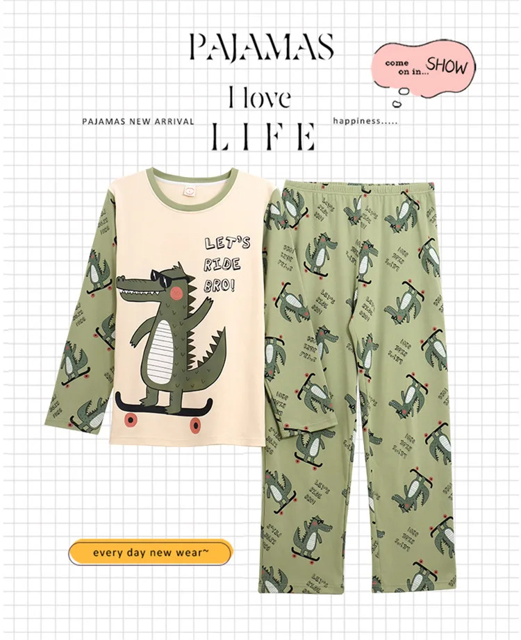 Knitted Cotton Autumn Winter Pajamas Set For Men Cartoon Green Dinosaur Print Lovers Sleepwear Fashion Patchwork Women Home Wear white pajama pants