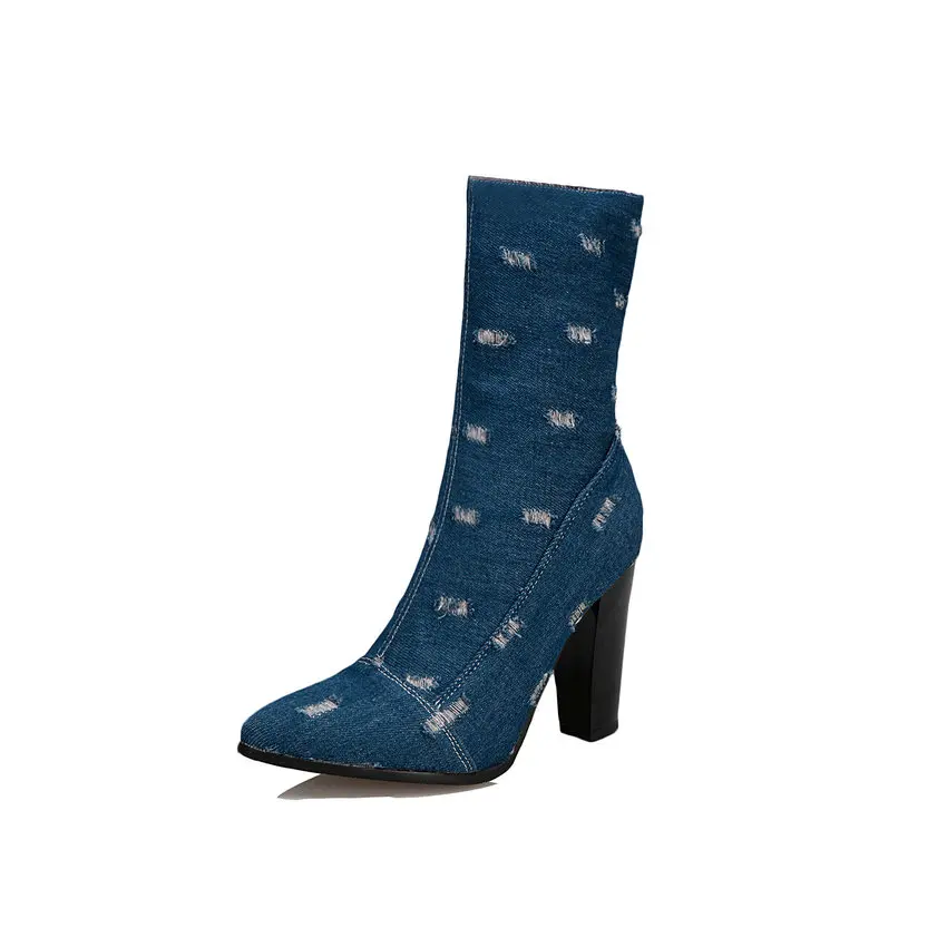 Dark-blue QUTAA/ г.; ботинки до середины икры с острым носком на высоком квадратном каблуке; Модная Джинсовая женская обувь на молнии; сезон осень-зима; Size34-43 - Цвет: Dark-blue