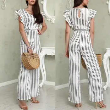 

Women Striped Jumpsuit Summer Casual Office Ladies Ruffled Playsuit Women Sexy V Neck Regular Fit Wide Leg Lace Up Bodysuit