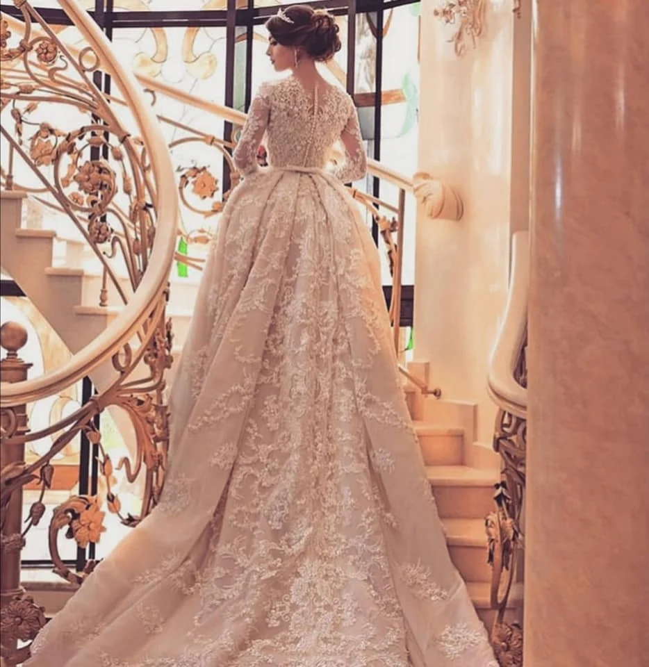 Королевские красивые кружевные Пышные свадебные платья с длинным рукавом Аппликации скромные Дубай Свадебные Бальные платья Robe De Soiree
