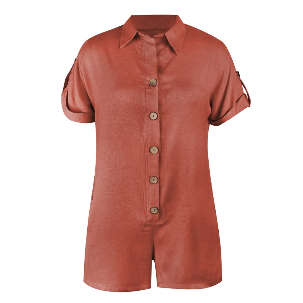 Сплошной VoguePlaysuit женский модный отложной воротник комбинезон для женщин однобортный короткий рукав комбинезон женский s комбинезон - Цвет: Wine