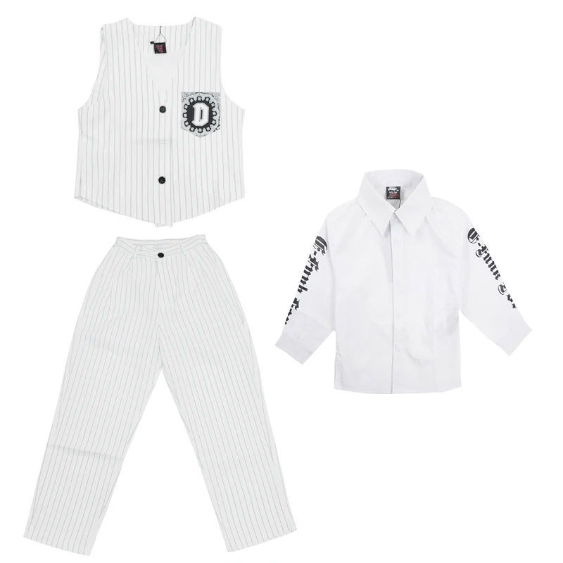 white 3pcs Детская Одежда для танцев в стиле хип-хоп для девочек; сценический костюм; жилет; костюм в полоску; 3 цвета; костюмы для джазовых танцев для мальчиков; DQS3656 - Цвет: white 3pcs