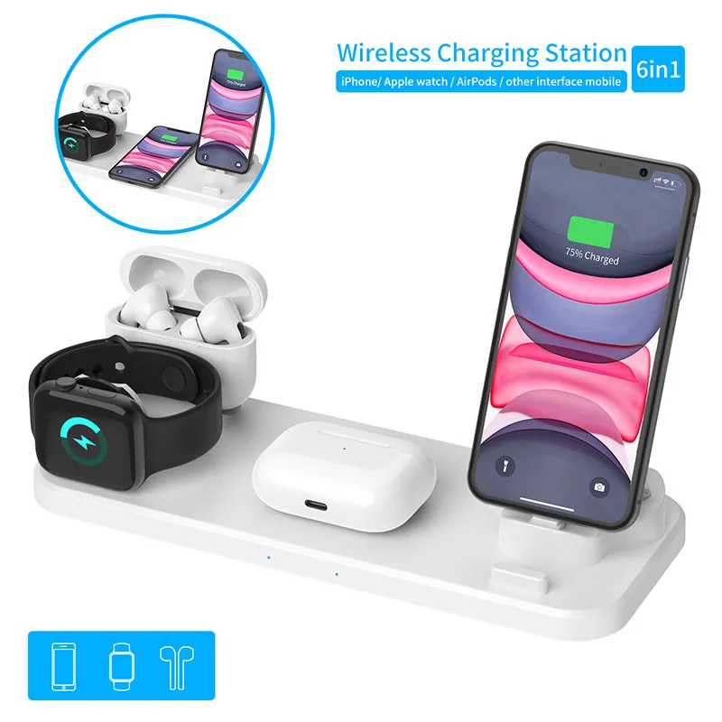 10W Qi Wireless Charger Station 6 in 1 pad Iphone Airpods Micro USB Type C Stand phone Chargers For Apple Watch airpods Charging