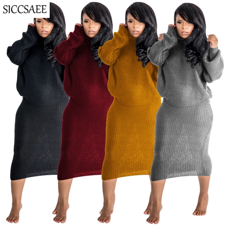 

Autumn Winter Outfits For Women Knitted Two Piece Set Thickening Turtleneck Knee Length Dress Solid Color Sexy Casual Clothing