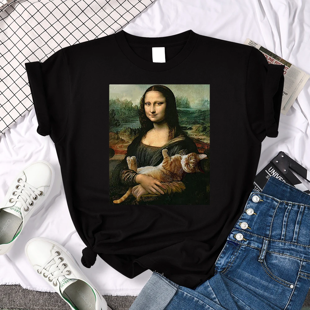 T Shirts Mona Lisa Hugging Cat Lovely Cute Printed T-Shirt For Women'S Crewneck Gothic Women Tshirt Casual Oversize Tee | Женская