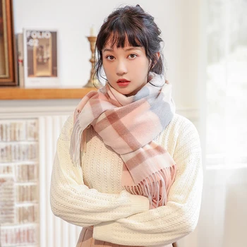 

100% Wool Winter Scarf for Women Classic Plaid Tassels Shawls Wraps Ladies Warm Winter Pure Wool Scarves Elegant High Quality