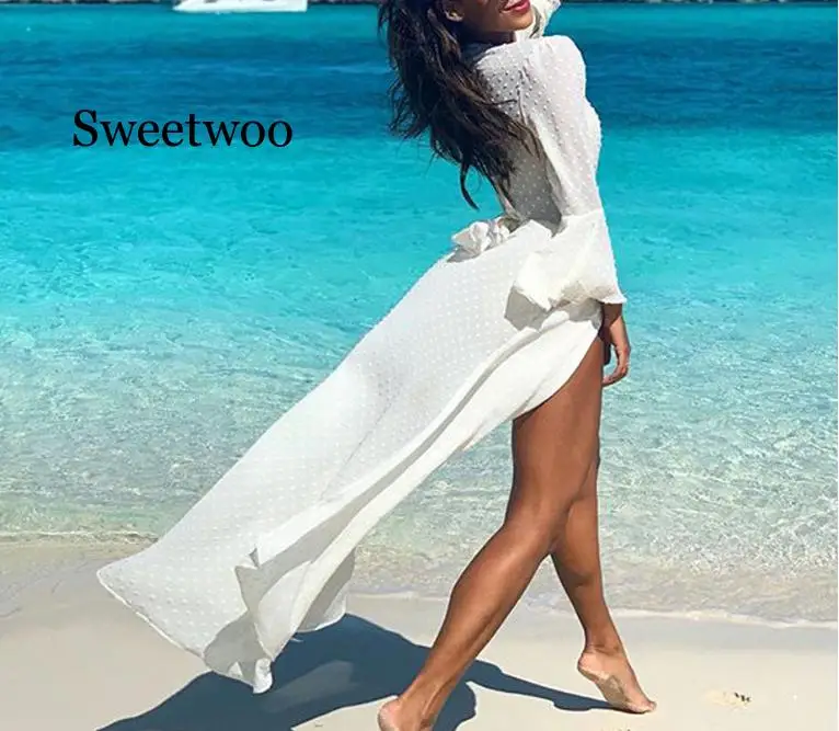 Fashion Womens Long Cover up Sheer Bikini Coverups Trumpet sleeve Front Bathing Sexy Suit Swimsuit Beachwear Cardigan