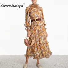Ziwwshaoyu элегантное богемное шифоновое длинное платье с цветочным принтом женские плиссированные платья с длинным рукавом и эластичной талией