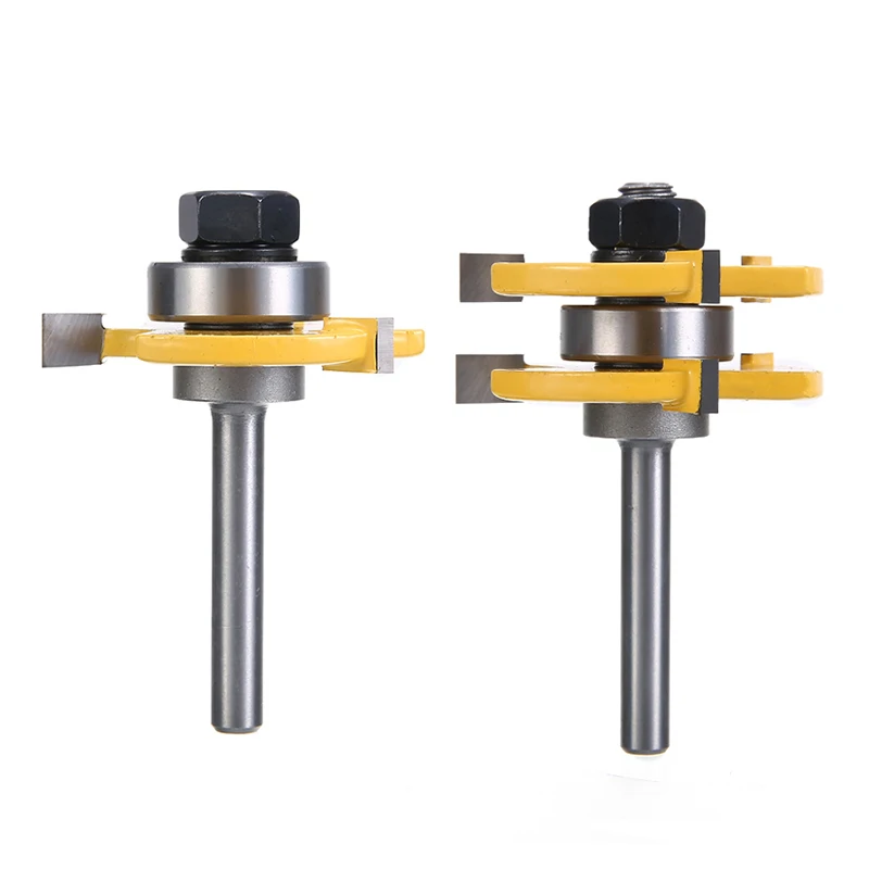 2pcs 6.35mm Tongue & Groove Router Bit Set 1/4" Shank T-type 3-tooth Mortise Cutter Woodwoorking Grove Tool Parts