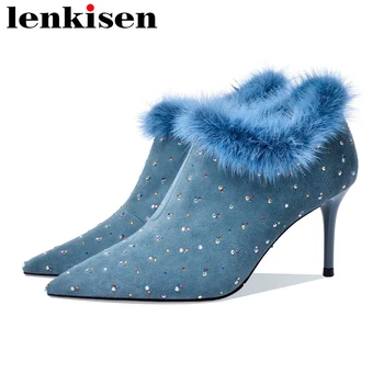 

Lenkisen European design beauty lady kid suede pointed toe high heels rhinestone deep mouth shoes women early spring pumps L12