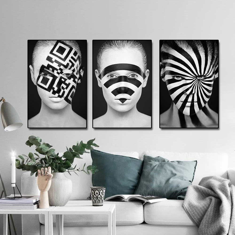 Black-White-Color-Woman-Graffiti-on-The-Face-Posters-Wall-Art-Print-on-Canvas-Picture-for(1)