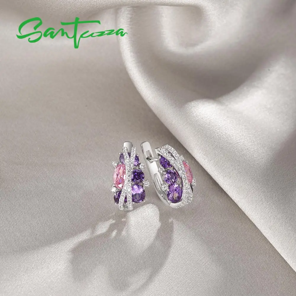 SANTUZZA Silver Earrings For Women Authentic 925 Sterling Silver Shimmering Amethyst Pink Cubic Zirconia серьги Fine Jewelry