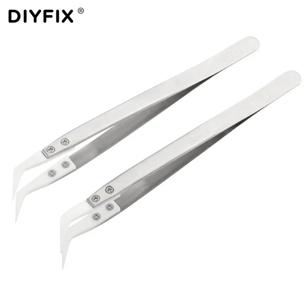 DIYFIX антистатические керамические пинцеты из нержавеющей стали электронные сигареты промышленные керамические пинцеты изолированные изогнутые наконечники инструмент