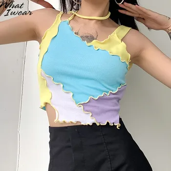 

Women Patchwork Sexy Tank Top with sleeves Y2K Top Crop Tops Ribbed Soft Fabirc Tops Girl Summer 2020 Female Vest Basic