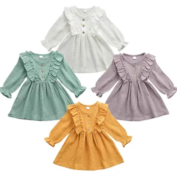 

1-6Y Toddler Kids Baby Girl Autumn Dress Long Sleeve Ruffles Solid Cotton Linen Party Casual Dress Clothes