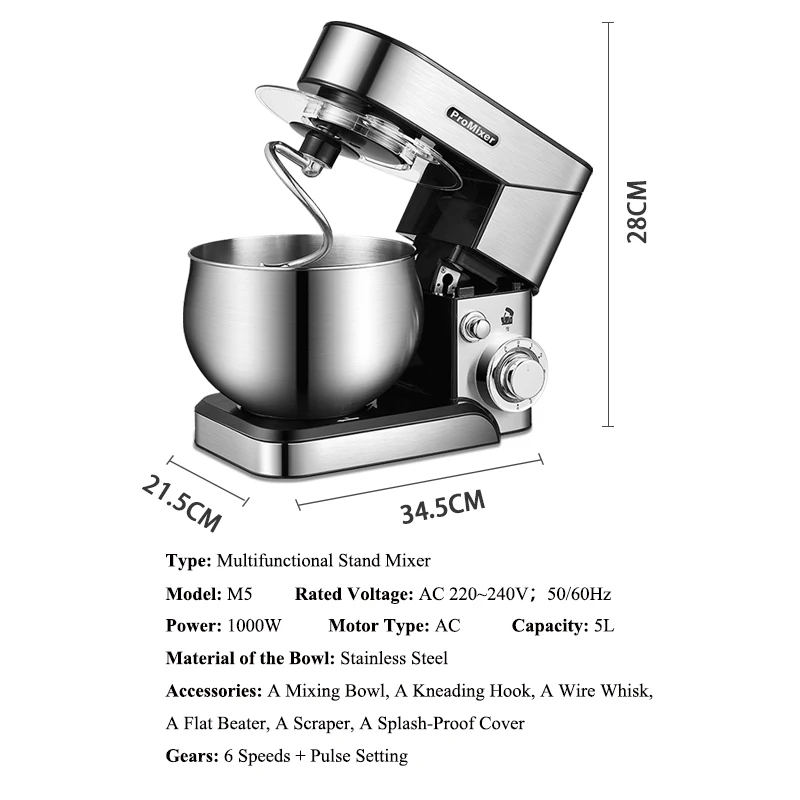 ProMixer M5 5L6speedStainless Steel BowlPlanetary Stand MIXERCream Egg Whisk Blender Cake Dough Bread Maker Machine