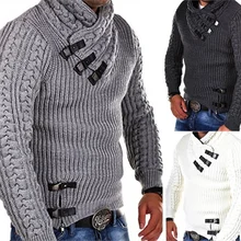 Мужской свитер, модный, однотонный, с кожаной пряжкой, с длинным рукавом, тонкий свитер для мужчин, Осень-зима, мужской вязаный пуловер